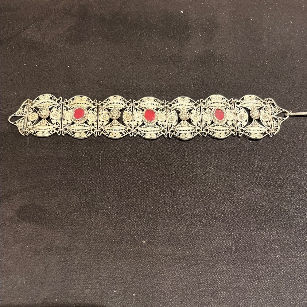 Silver and Red Filigree Bracelet